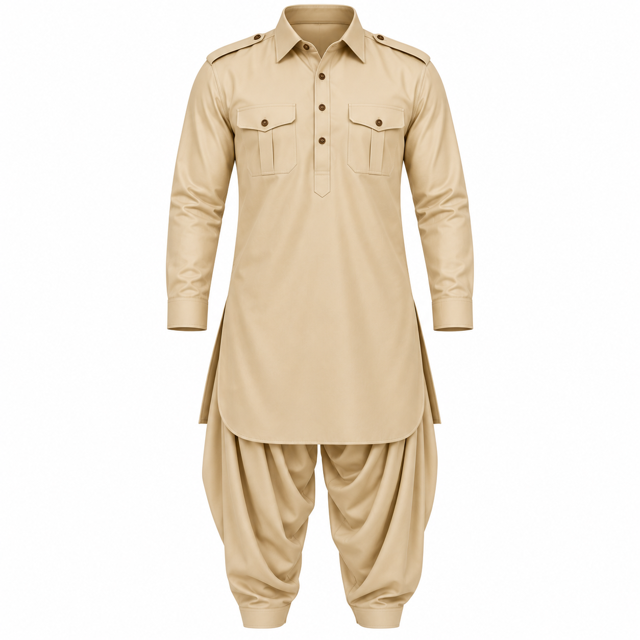 Beige Traditional Shalwar Kameez Set Men's Pathani Suit - Image 1