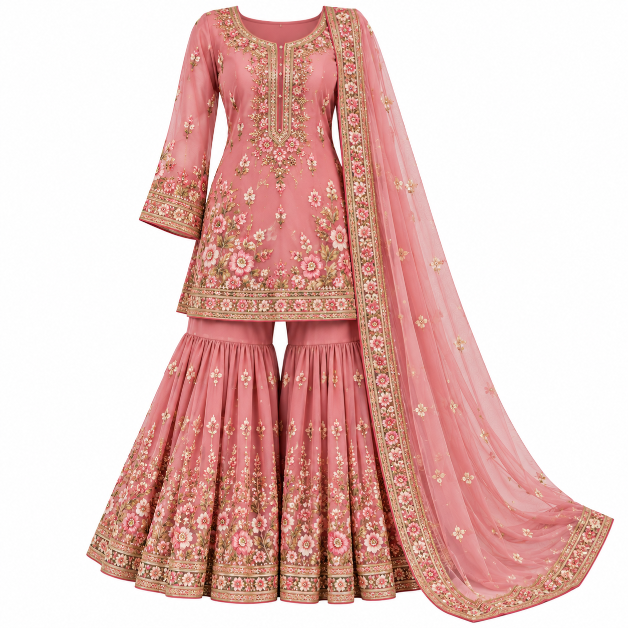 Dusty Pink Embroidered Sharara Ensemble Women's Sharara Suit - Image 1