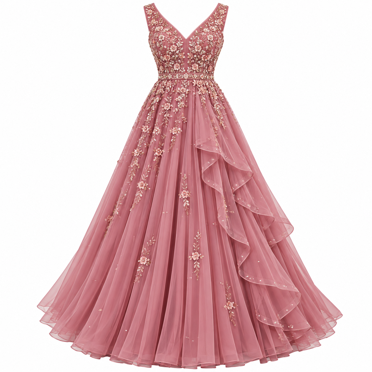 Dusty Rose Embellished Tulle Ballgown Women's Evening Gown - Image 1