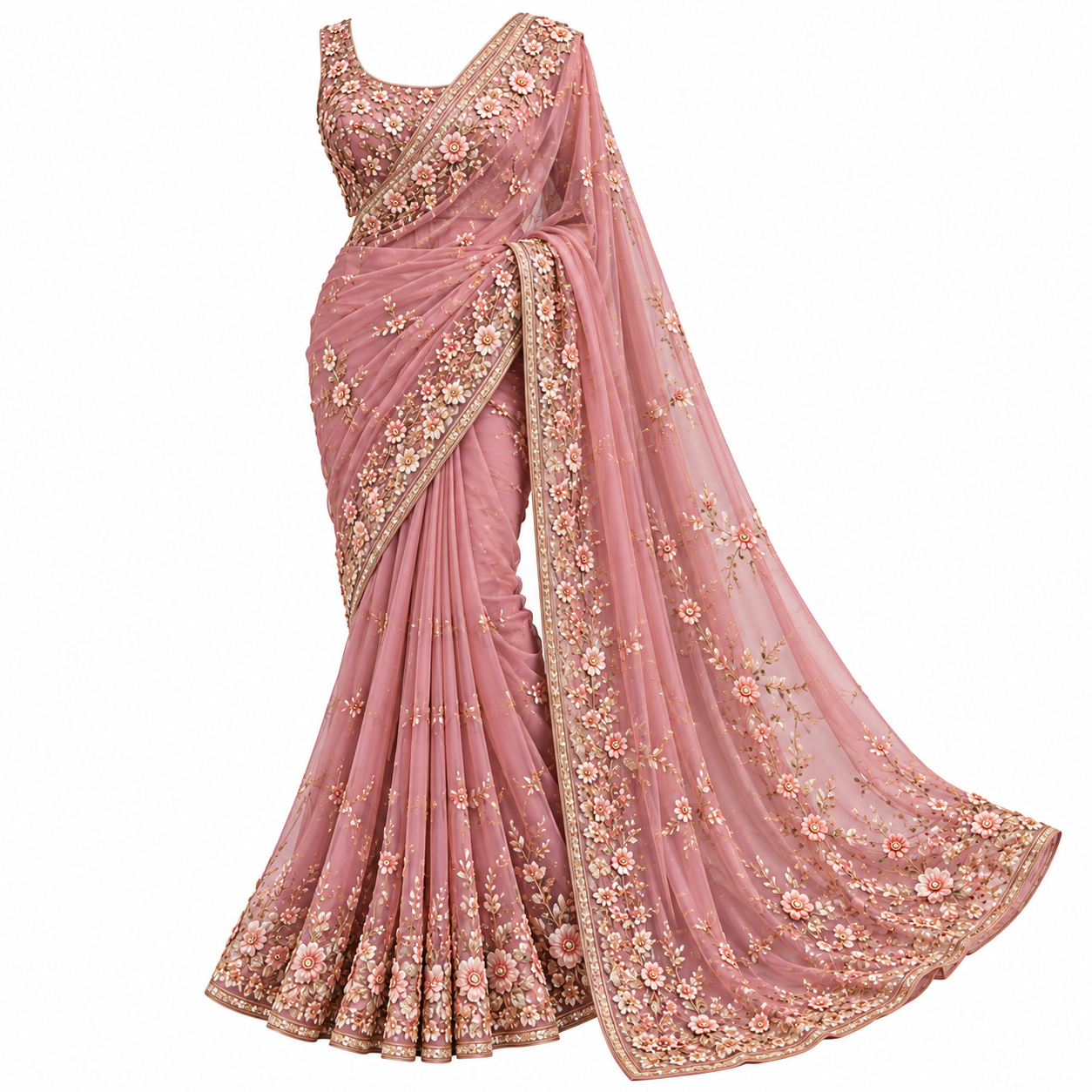 Dusty Rose Embroidered Saree Display Women's Georgette Saree - Image 1