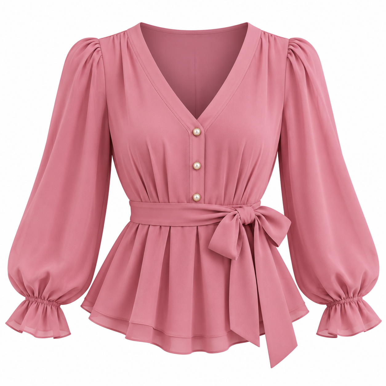 Dusty Rose Puff-Sleeve Blouse Women's V-Neck Top - Image 1