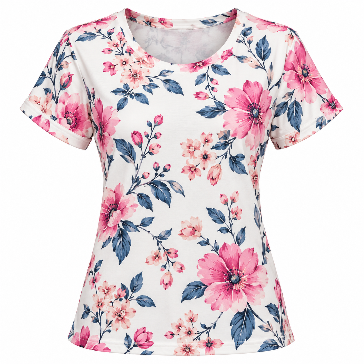 Floral Pink and Navy Print T-Shirt Women's Printed T-Shirt - Image 1