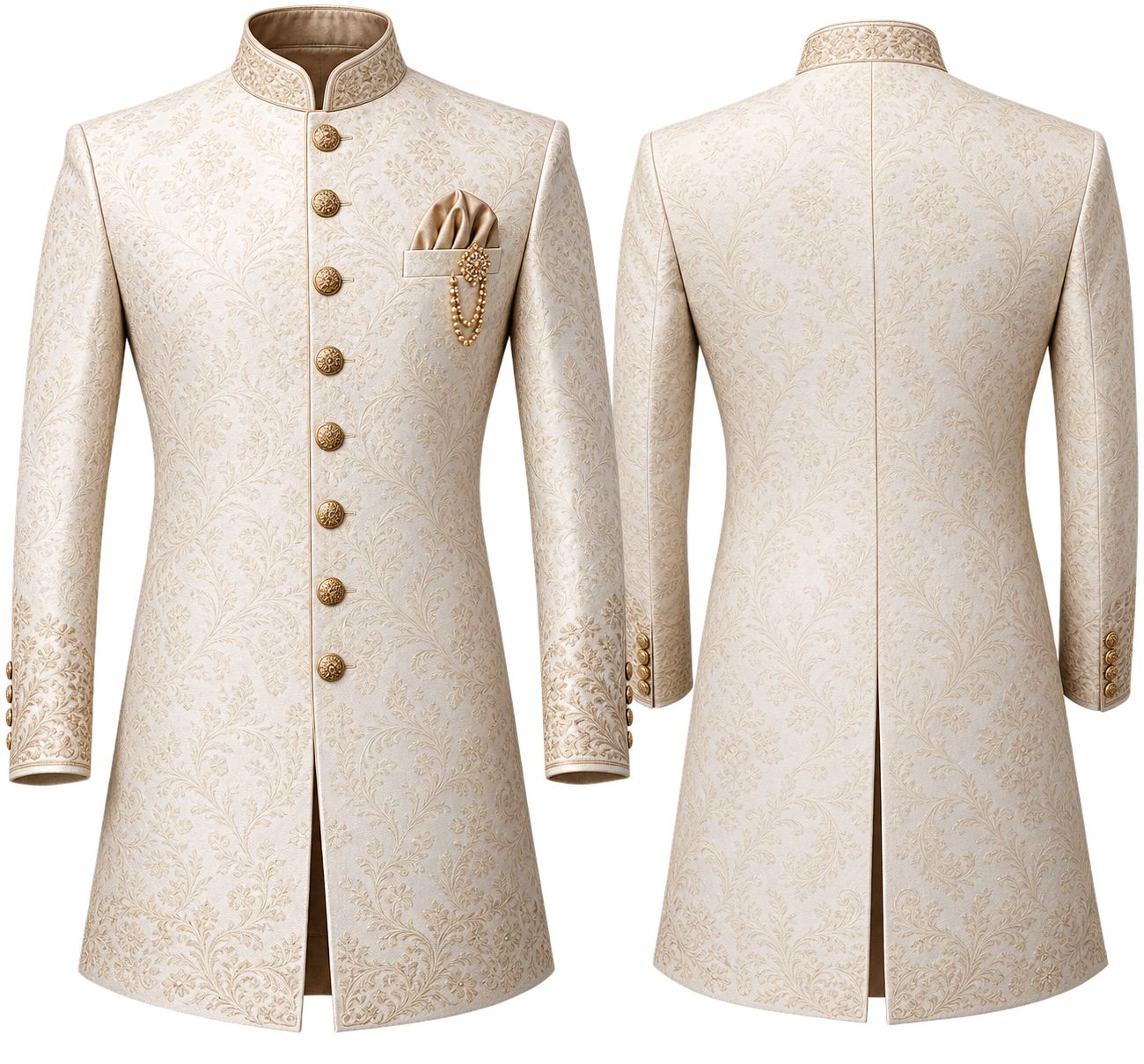 Ivory Brocade Achkan_ Front and Back-compressed Men's Achkan - Image 1