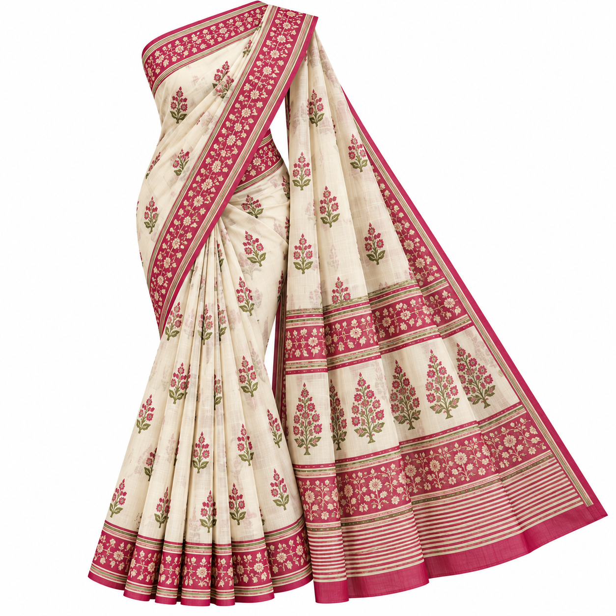 Ivory Floral Saree with Magenta Borders Women's Cotton Saree - Image 1