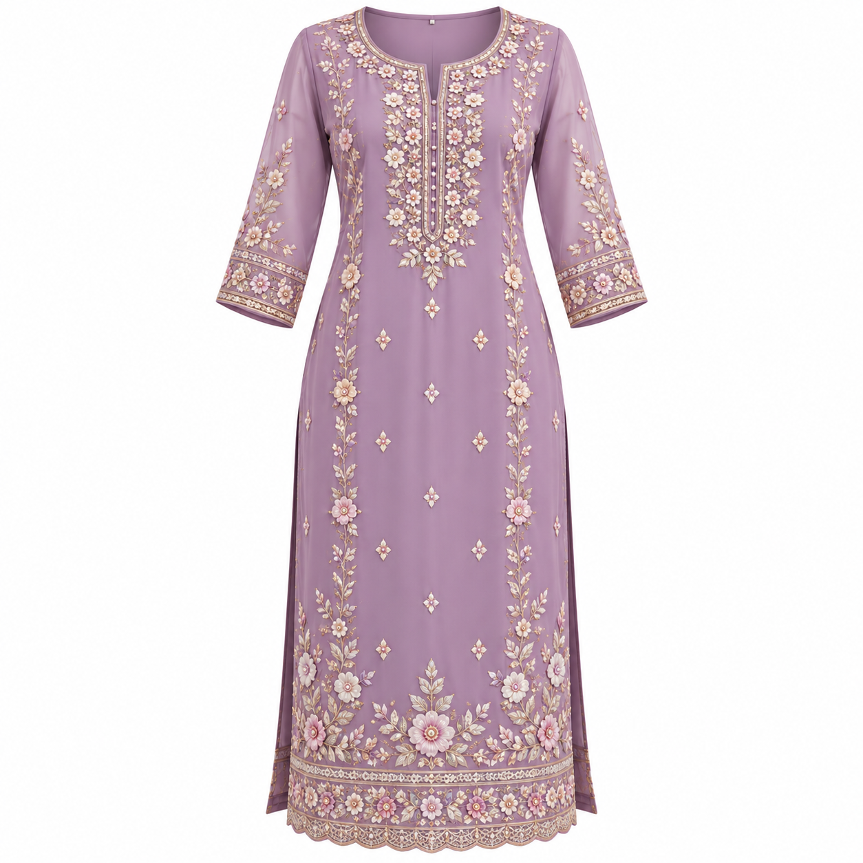 Lavender Floral Embroidered Kurti Women's Straight Kurti - Image 1