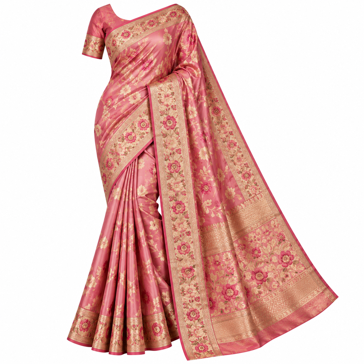 Rosy Gold Floral Silk Saree Women's Silk Saree - Image 1