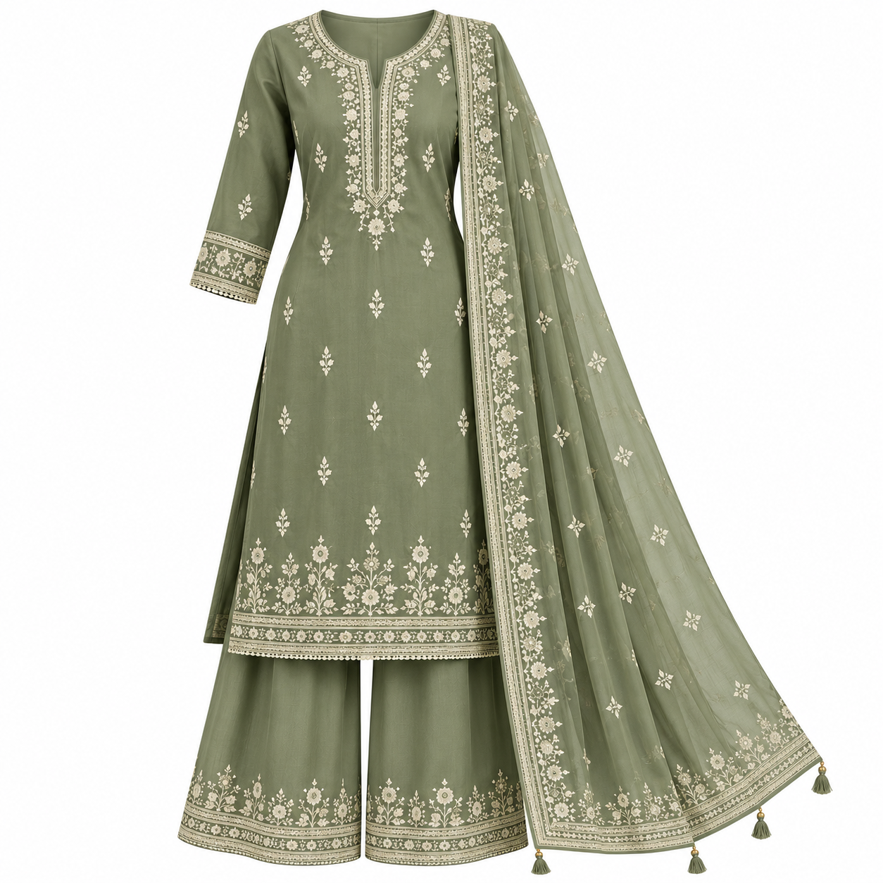 Sage Green Embroidered Indian Outfit Set Women's Kurta Palazzo Set - Image 1